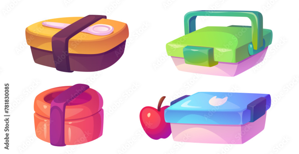 School lunch box for kid food and snack cartoon icon. Isolated lunchbox and plastic container for breakfast or dinner with apple for children. Packed takeaway meal clipart set. Picnic bento design - obrazy, fototapety, plakaty 