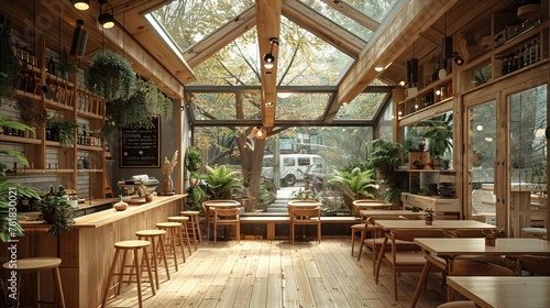 A wood-textured interior cafe with a wooden structure and a gable roof with skylights, made of wood, light wood for interior materials, plants on tables. Generative AI.