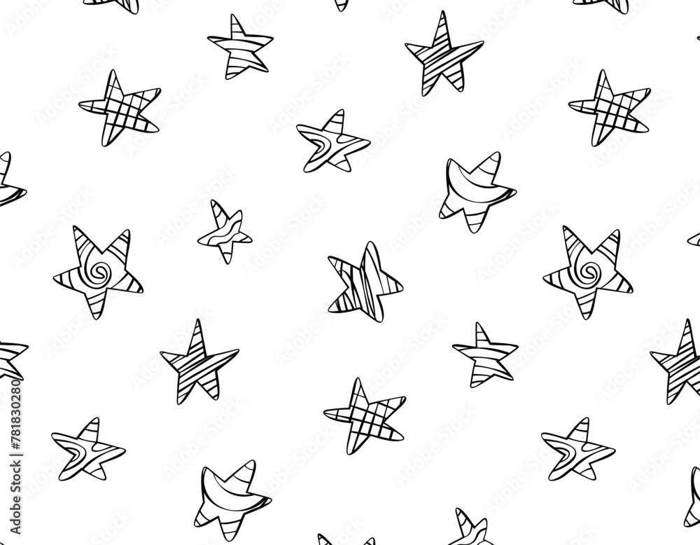 Fototapeta premium Seamless abstract pattern with black hand drawn shabby stars on white background. Cosmos texture for paper, wrapping and fabric.
