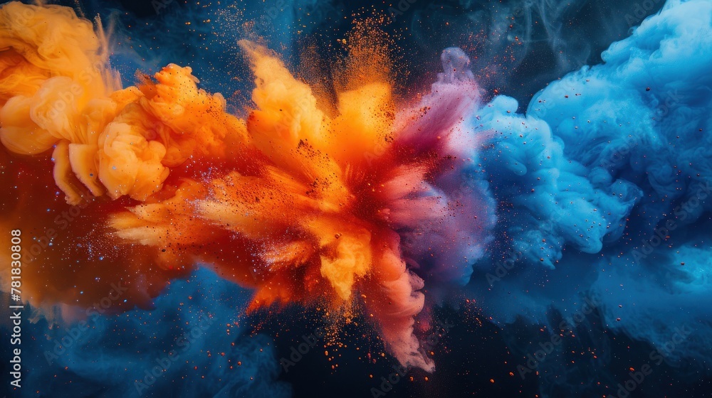 A colorful explosion of smoke and fire in the sky. The colors are orange, blue, and purple A colorful explosion of smoke and fire in the sky. The colors are orange, blue, and purple
