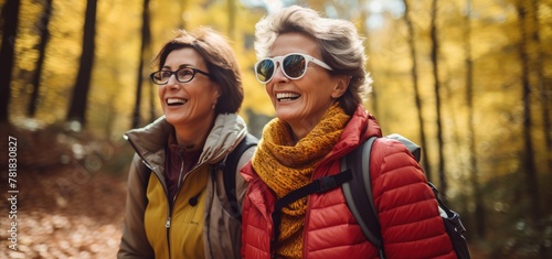 Two senior female friends hiking together through the forest in autumn