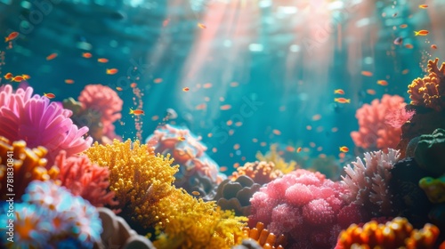 Colorful coral reef, Marine biologist, studying ecosystem conservation efforts in the tropics, undersea research laboratory, Sunny day, 3D render, Backlights, Depth of field bokeh effect © Kumrop