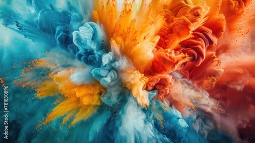 A colorful explosion of smoke and fire with a blue and yellow center. The colors are vibrant and the smoke is thick, creating a sense of chaos and energy