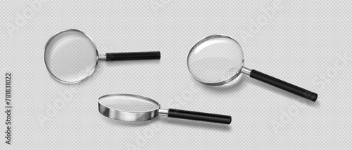 Realistic 3d magnifier glass in different angles of view. Vector illustration set of magnify with plastic handle, metal frame and transparent zoom lens for search and focus concept. Magnify loupe tool