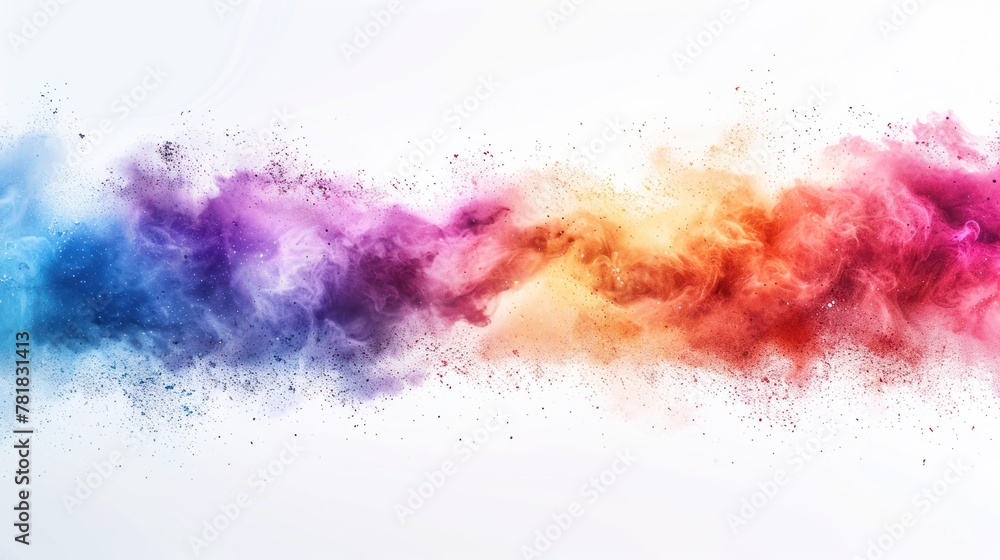 Colorful powder explosion on white background. Abstract dust particles splashed with pastel colored hues. Colorful powder explosion on white background. Abstract dust particles splashed with pastel colored hues.