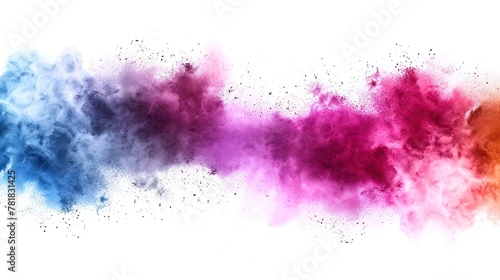 Colorful powder explosion on white background. Abstract dust particles splashed with pastel colored hues. photo
