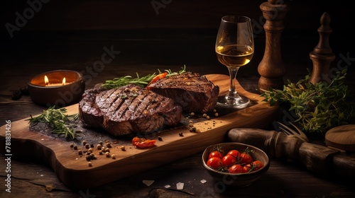 steak with red wine on table background