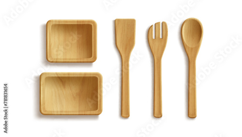 Wood kitchen ware for food cooking and eating. Top view on square plate and bowl, different spatula and spoon with brown wooden texture. Realistic 3d vector illustration set eco dish tools and utensil