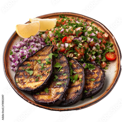 Front view of Batinjan Rahib with Lebanese grilled eggplant salad, featuring charred eggplant mixed with garlic, lemon juice, and olive oil, isolated on a white transparent background photo