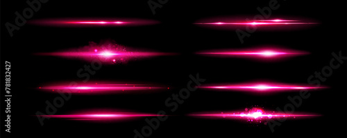 Pink light flare effect with magic lens sparkle shine. Flash glare glow with glitter on neon line vector. Abstract bright beam divider collection. Festive and glamour magenta border overlay asset