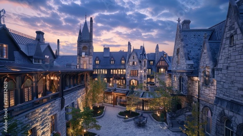 Design a Gothic-inspired hotel or resort with dramatic spires, gargoyles, and hidden courtyards reminiscent of medieval castles  photo