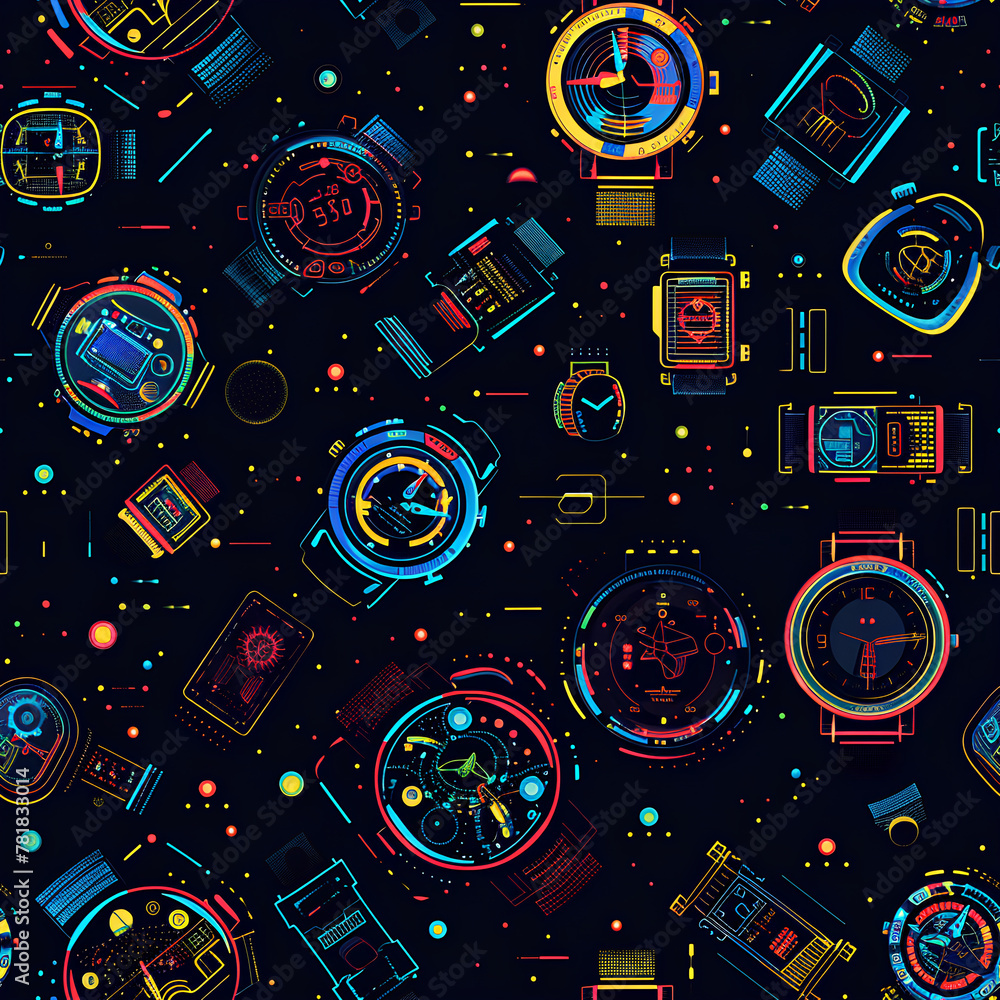 Colorful Neon Tech Gadgets, Dark Background, High-Energy Electronic Pattern