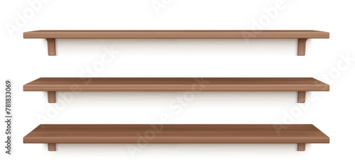 3D wooden shelves set isolated on white background. Vector realistic illustration of blank decorative wall shelf, home, office, shop furniture with empty surface, interior design elements, oak texture