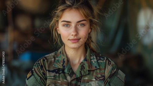 Happy female soldier smiling at the camera while standing against a studio background. Courageous young servicewoman wearing the camouflage military uniform of the United States Armed Forces. photo