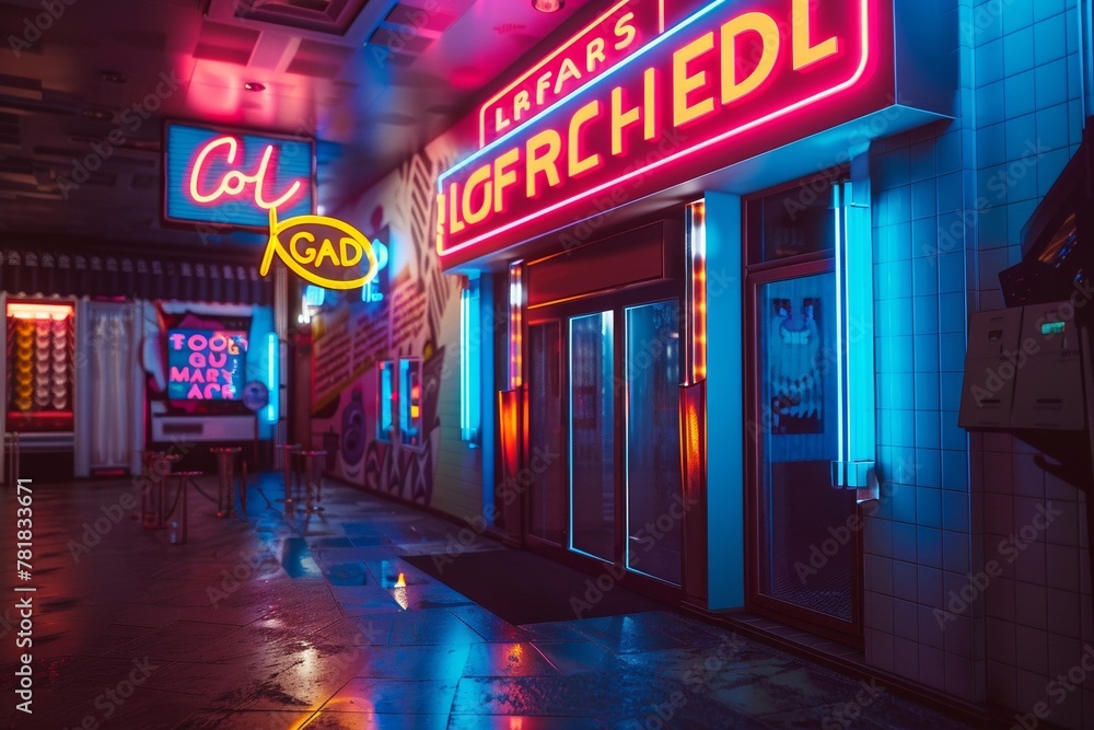 Fototapeta premium A retro motel lit up with neon lights and a colorful sign.