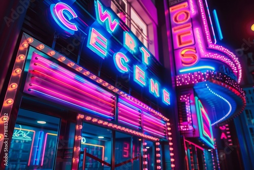 A retro motel lit up with neon lights and a colorful sign. photo