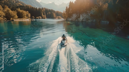 An electric jet ski racing across the surface of a crystal-clear lake, leaving a trail of white water in its wake.