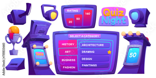 Tv quiz game contest in studio. Trivia show screen. Question and answer television program with competition for score interior set. Live entertainment tournament event scene furniture collection