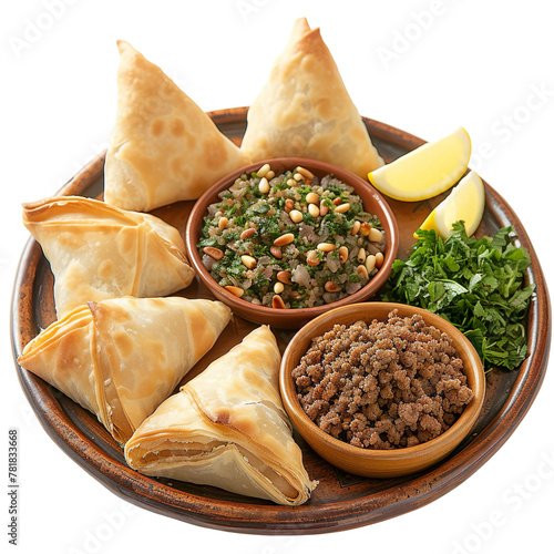 Front view of Sambousek with Lebanese savory pastries, featuring small pastry triangles filled with seasoned ground meat, onions, and pine nuts isolated on a white transparent background photo