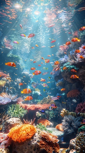 Coral Reefs, vibrant ecosystem, bustling with marine life, thriving thanks to conservation efforts, 3D render, underwater lighting, chromatic aberration