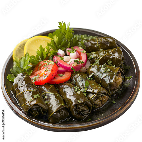 Front view of Warak Enab with Lebanese stuffed grape leaves, featuring grape leaves wrapped around a mixture of rice, ground meat, tomatoes, and herbs, isolated on a white transparent background photo