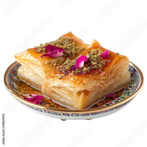 Front view of Warbat Bil Ashta with Lebanese cream pastry, featuring layers of crispy phyllo dough filled with creamy ashta (clotted cream),  isolated on a white transparent background photo