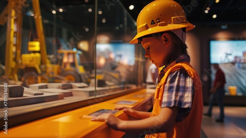 Design an interactive construction site exhibit that educates visitors about the building process and safety measures  photo