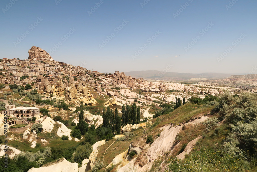 View onto Uchisar with the Pigeon Valley, Güvercinlik Vadisi in the foreground, Cappadocia, Turkey