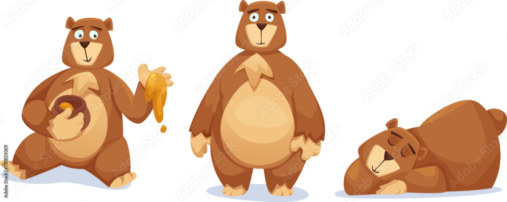 Cute bear characters set isolated on white background. Vector cartoon illustration of grizzly mascot, funny brown animal sitting with honey jar, standing and smiling, lying asleep, comic toy pet - obrazy, fototapety, plakaty 