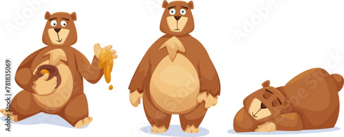 Cute bear characters set isolated on white background. Vector cartoon illustration of grizzly mascot, funny brown animal sitting with honey jar, standing and smiling, lying asleep, comic toy pet