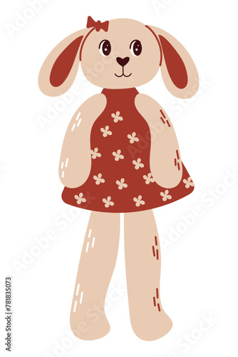 Vector Bunny doll in red dress Cute plush toy Flat style