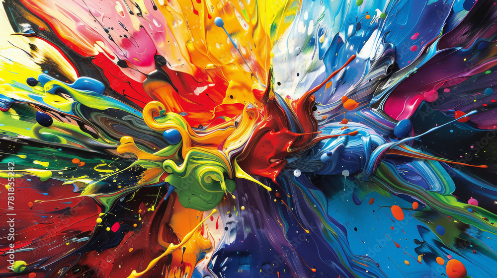 Abstract depiction of a chromatic burst, where vivid paint streams twist and turn in dynamic fluidity,
