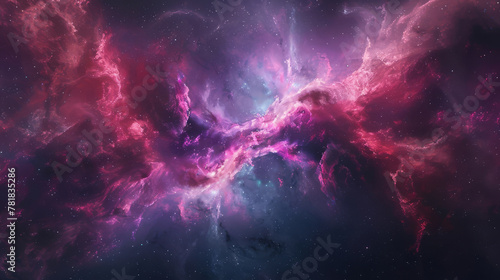 Abstract image of interstellar paint clouds, colliding and coalescing to form new celestial bodies in a dark universe,