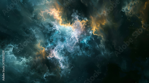 Abstract image of interstellar paint clouds, colliding and coalescing to form new celestial bodies in a dark universe,