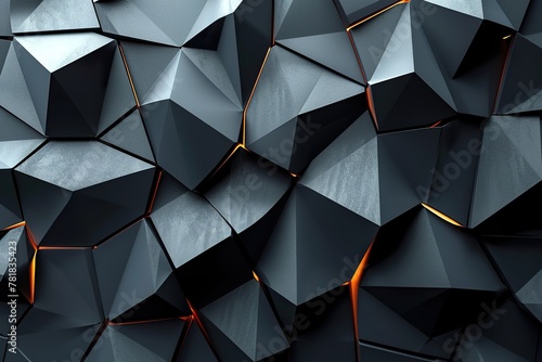 Dark Futuristic Surface with Tetrahedrons. Black, Three-Dimensional 3d Background photo