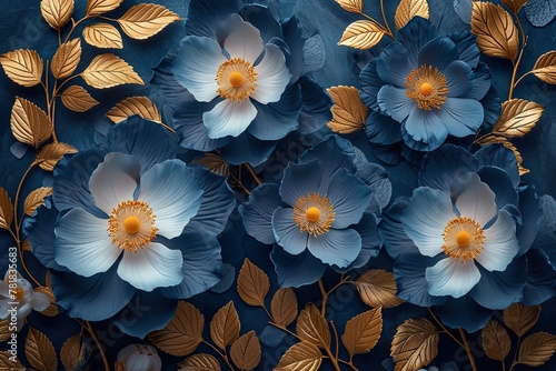 Decorative flowers with golden leaves as wallpaper background