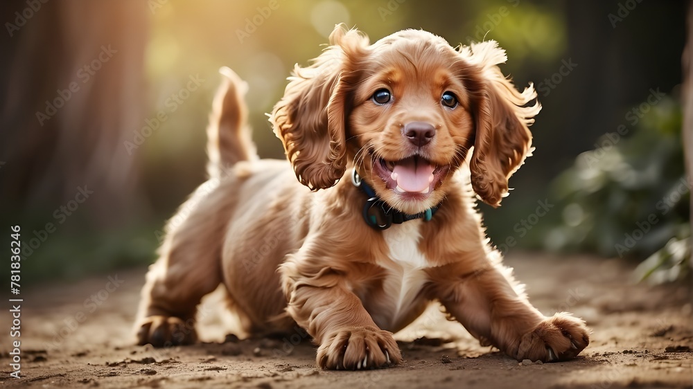 A lively and joyful English Cocker Spaniel puppy captured in action, exuding vibrancy and happiness. The puppy is depicted in a playful pose, showcasing its energetic and cheerful personality. A lively and joyful English Cocker Spaniel puppy captured in action, exuding vibrancy and happiness. The puppy is depicted in a playful pose, showcasing its energetic and cheerful personality.