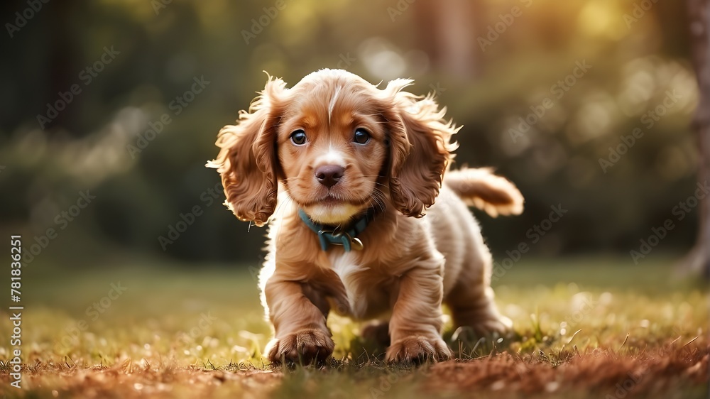A lively and joyful English Cocker Spaniel puppy captured in action, exuding vibrancy and happiness. The puppy is depicted in a playful pose, showcasing its energetic and cheerful personality.