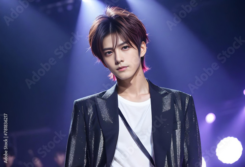 Portrait of handsome and cool Korean man like K-pop idol, stage background with spotlight lighting. K-popアイドルのようなハンサムでクールな韓国人男性のポートレート、スポットライト照明付きのステージ背景