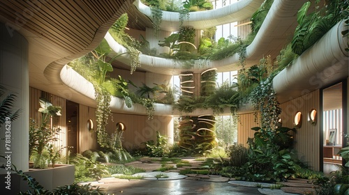 Architectural vertical ecological agriculture centre, wood walls, pendant plants. Generative AI. photo