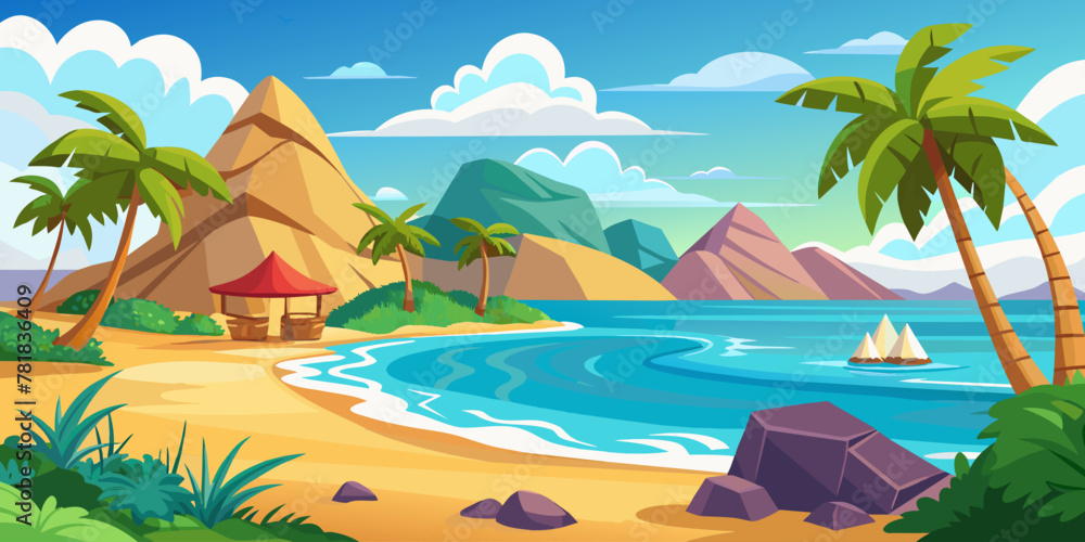 Tropical paradise landscape, Exotic beach vector cartoon illustration.