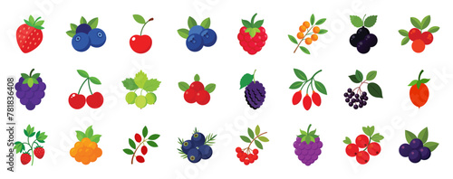 Berries flat icons vector cartoon illustration.. Cute strawberry, blueberry, cherry, raspberry, sea buckthorn clipart for food. photo