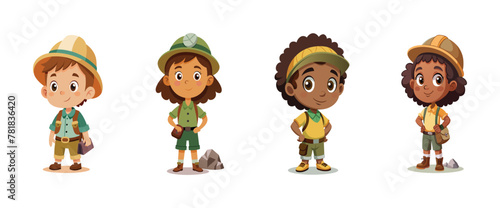 Young explorers geologists in adventure outfits, vector cartoon illustration.