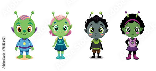 Cute alien children with vibrant costumes and antennas, vector cartoon illustration.