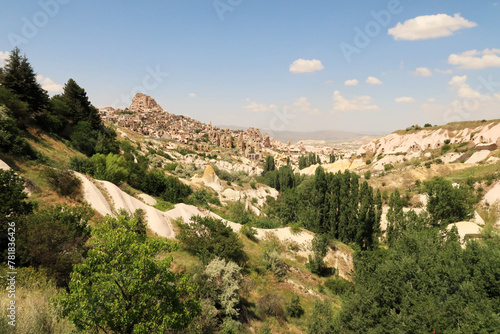 View onto Uchisar with the famous Pigeon Valley, Güvercinlik Vadisi right next to it, Cappadocia, Turkey