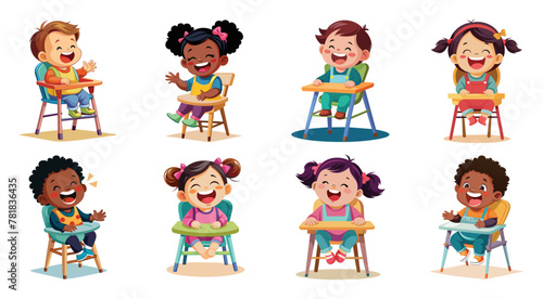 Joyful toddlers laughing and clapping in high chairs, vector cartoon illustration.