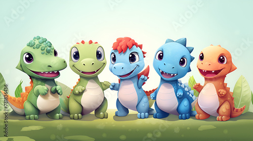 The Joyous Gathering of Five cute cartoon Friendly manner Dinosaurs Amidst the Vibrant Jungle and vast Sky © Laiba