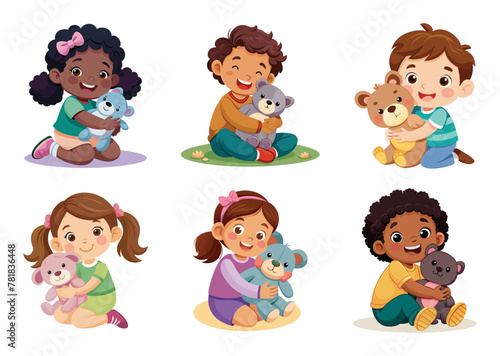 Smiling children hugging their teddy bears, vector cartoon illustration.