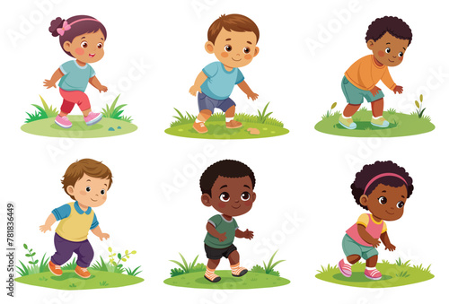 Toddlers taking their first steps in a grassy field, vector cartoon illustration.