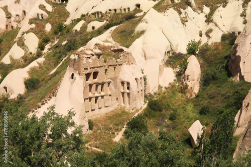 One of the big dovecotes, pigeon houses at the end of Pigeon Valley, Güvercinlik Vadisi, close to Uchisar, Cappadocia, Turkey